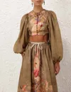 Zimmermann Ascension Cropped Bodice Top In Khaki Palm Floral In Brown