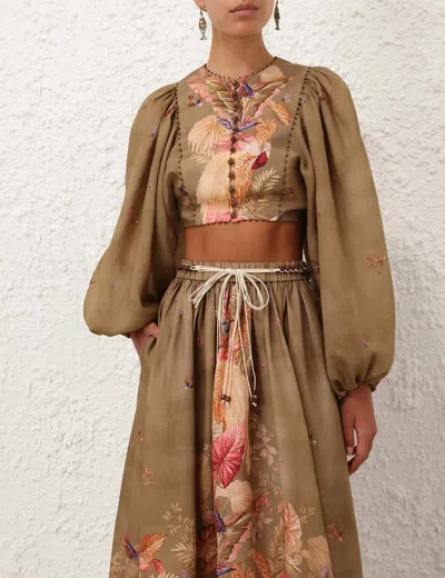 Zimmermann Ascension Cropped Bodice Top In Khaki Palm Floral