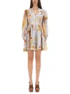Zimmermann Ascension Light Blue Mini Dress With Flared Skirt And All-over Print In Linen Woman In Neutral