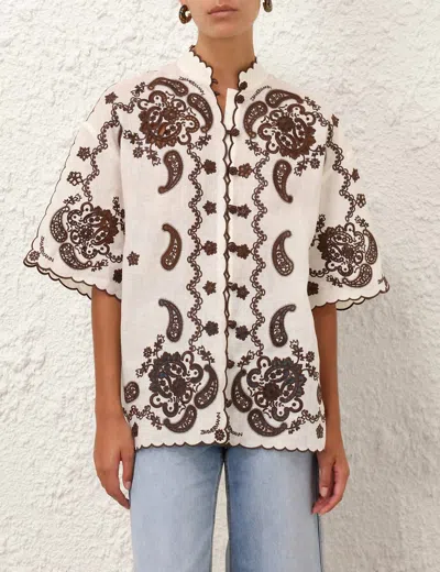Zimmermann Ascension Embroidered Shirt In Ivory/ Chocolate In Multi