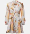 Zimmermann Ascension Light Blue Mini Dress With Flared Skirt And All-over Print In Linen Woman In Neutral