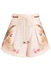 Zimmermann Ascension Belted Bead-embellished Floral-print Linen Shorts