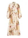 Zimmermann Ascension Linen Plunge Midi Dress In Multi