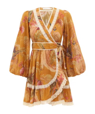 Zimmermann Frill Cotton Short Dress With Floral Print In Yellow