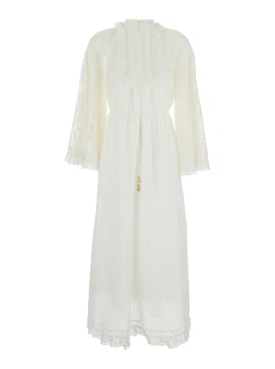 Zimmermann 'ascension Lace Yoke' White Midi Dress With Lace Embellishment And Stand-up Collar In Ram