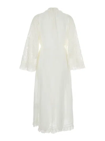 Zimmermann 'ascension Lace Yoke' White Midi Dress With Lace Embellishment And Stand-up Collar In Ramie Woman