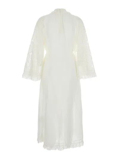 Zimmermann Ascension Lace Yoke White Midi Dress With Lace Embellishment And Stand-up Collar In Ramie Woman In Neutral