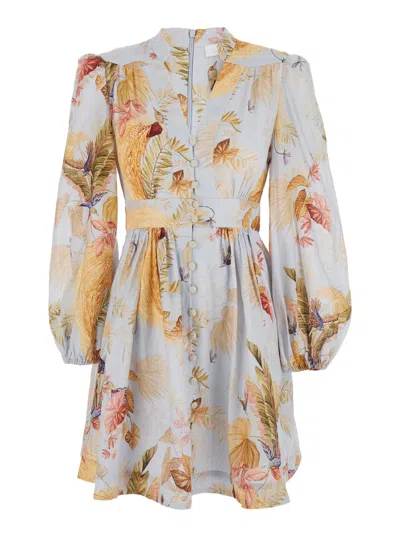 Zimmermann Ascension Light Blue Mini Dress With Flared Skirt And All-over Print In Linen Woman In Multi