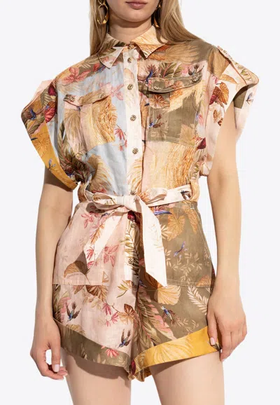 Zimmermann Ascension Linen Cuffed Playsuit In Multi