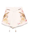 Zimmermann Ascension Belted Bead-embellished Floral-print Linen Shorts In Neutral