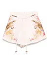 Zimmermann Ascension Belted Bead-embellished Floral-print Linen Shorts In Neutral