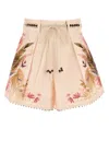 Zimmermann Floral Print Linen Shorts With Removable Waist Strap And Side Pockets In Multi