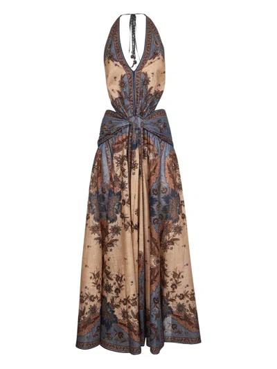 Zimmermann The Ascension Plunge Halter Cotton Long Dress In Gray