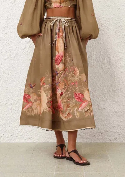 Zimmermann Ascension Midi Skirt In Khaki Palm Floral