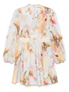 Zimmermann Ascension Light Blue Mini Dress With Flared Skirt And All-over Print In Linen Woman In Neutral