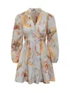Zimmermann Ascension Light Blue Mini Dress With Flared Skirt And All-over Print In Linen Woman