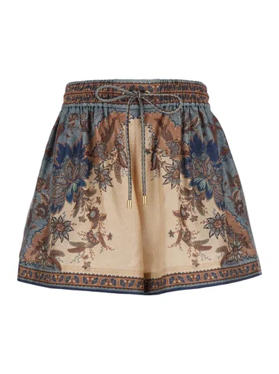 Zimmermann Ascension Multicolor Shorts With Elastic Drawstring And All-over Print In Silk Woman