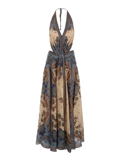 Zimmermann 'ascension' Multicolor Sleeveless Long Dress With Halterneck And All-over Print