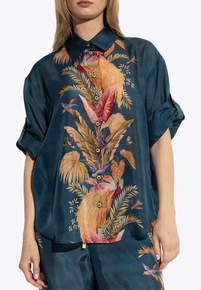 Zimmermann Ascension Palm Print Relaxed Shirt In Blue