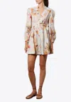 Zimmermann Ascension Light Blue Mini Dress With Flared Skirt And All-over Print In Linen Woman In Neutral