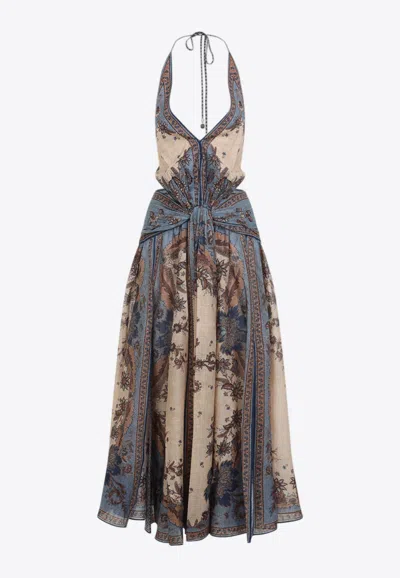 Zimmermann The Ascension Plunge Halter Cotton Long Dress In Gray