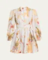 Zimmermann Ascension Light Blue Mini Dress With Flared Skirt And All-over Print In Linen Woman In Neutral