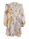Zimmermann Ascension Light Blue Mini Dress With Flared Skirt And All-over Print In Linen Woman In Neutral