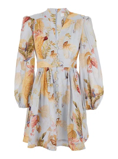 ZIMMERMANN 'ASCENSION' LIGHT BLUE MINI DRESS WITH FLARED SKIRT AND ALL-OVER PRINT IN LINEN WOMAN