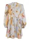 Zimmermann Ascension Light Blue Mini Dress With Flared Skirt And All-over Print In Linen Woman In Neutral