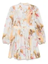 Zimmermann Ascension Light Blue Mini Dress With Flared Skirt And All-over Print In Linen Woman In Neutral