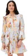 Zimmermann Ascension Light Blue Mini Dress With Flared Skirt And All-over Print In Linen Woman In Neutral