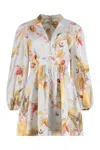 Zimmermann Ascension Light Blue Mini Dress With Flared Skirt And All-over Print In Linen Woman In Neutral