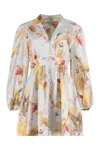 Zimmermann Ascension Light Blue Mini Dress With Flared Skirt And All-over Print In Linen Woman In Neutral