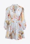 Zimmermann Ascension Light Blue Mini Dress With Flared Skirt And All-over Print In Linen Woman In Neutral