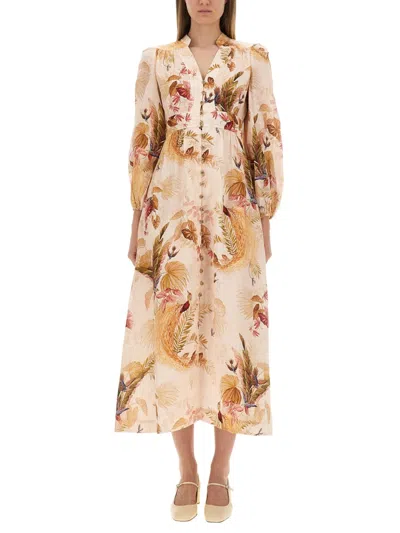 Zimmermann Ascension Plunge Voluminous Midi Dress In Neutral