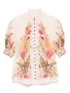 Zimmermann Ascension Embellished Shirred Floral-print Ramie Blouse