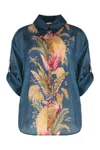 Zimmermann Womens Dark Blue Palm Floral Ascension Relaxed-fit Silk Shirt Xs