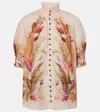 Zimmermann Ascension Embellished Shirred Floral-print Ramie Blouse In Multi