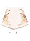 Zimmermann Ascension Belted Bead-embellished Floral-print Linen Shorts