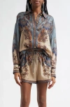 Zimmermann Womens Blue Cream Indienne Ascension Manstyle Graphic-pattern Silk Shirt