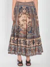Zimmermann Womens Blue Cream Indienne Ascension Tiered Silk Midi Skirt Xs