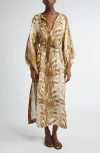 Zimmermann Ascension Brown Dress With Puffed Sleeves And All-over Palm Print In Linen Woman In Multi