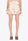 Zimmermann Ascension Belted Bead-embellished Floral-print Linen Shorts