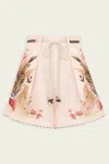Zimmermann Ascension Belted Bead-embellished Floral-print Linen Shorts