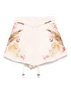 Zimmermann Ascension Belted Bead-embellished Floral-print Linen Shorts In Neutral