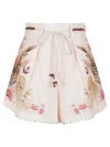 Zimmermann Floral Print Linen Shorts With Removable Waist Strap And Side Pockets In Neutral