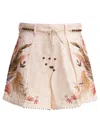 Zimmermann Floral Print Linen Shorts With Removable Waist Strap And Side Pockets In Pink