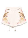 Zimmermann Ascension Belted Bead-embellished Floral-print Linen Shorts