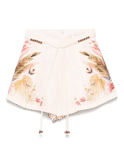 Zimmermann Ascension Belted Bead-embellished Floral-print Linen Shorts