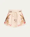 Zimmermann Ascension Belted Bead-embellished Floral-print Linen Shorts In Neutral
